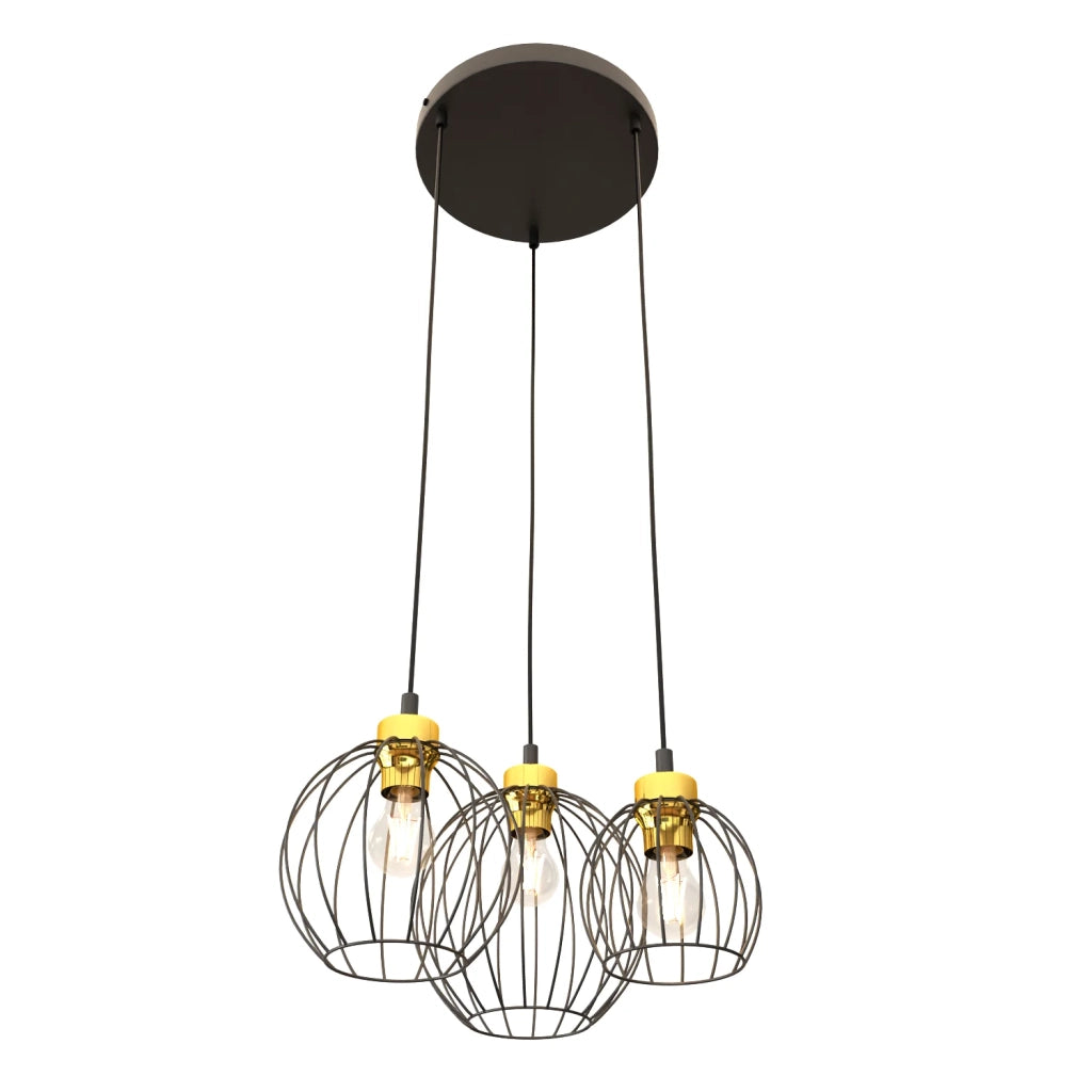 Sospensione Minimal Industrial Hathor 3 Luci Tonda Nera E Oro