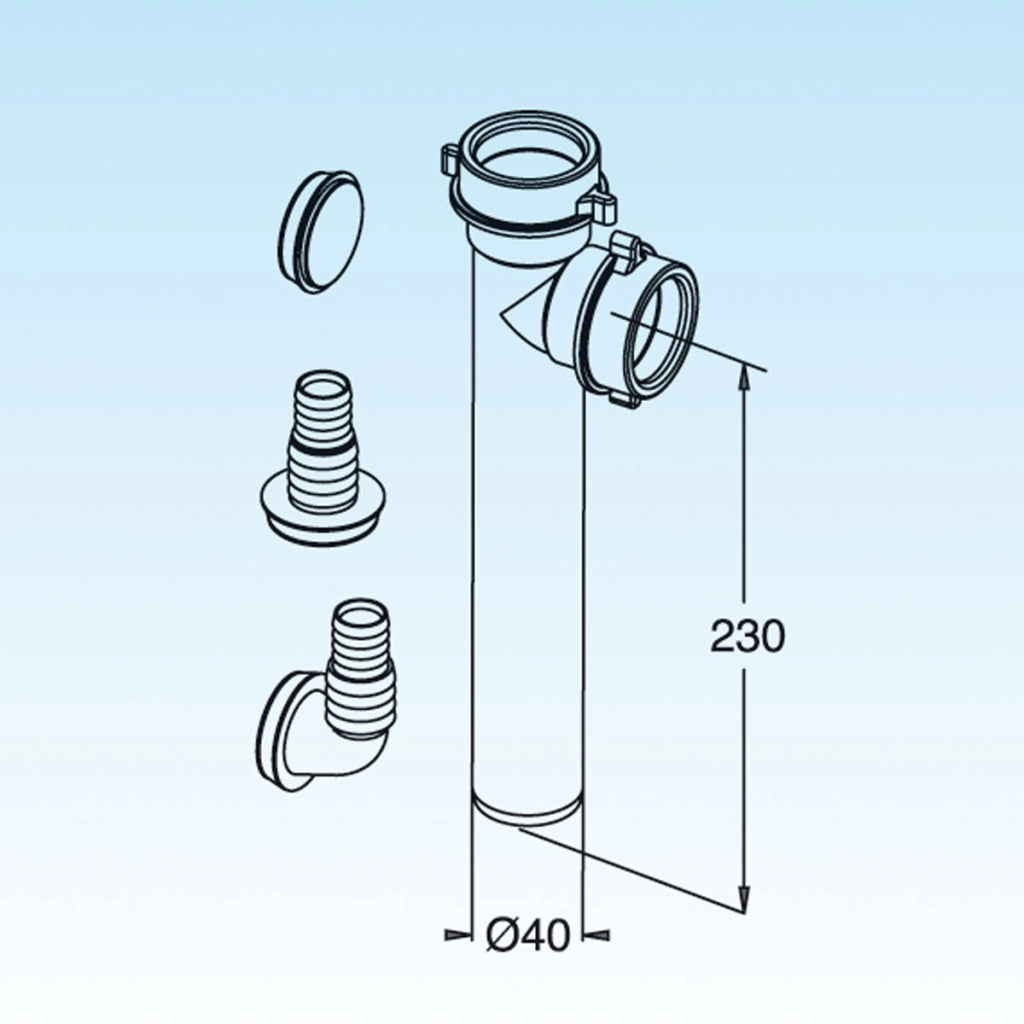 RACCORDO 2 VIE DIAM. 40 CON ATTACCO LAVATRICI E LAVASTOVIGLIE 230MM- Diam. 40 x 230mm- LIRA- pezzi 1