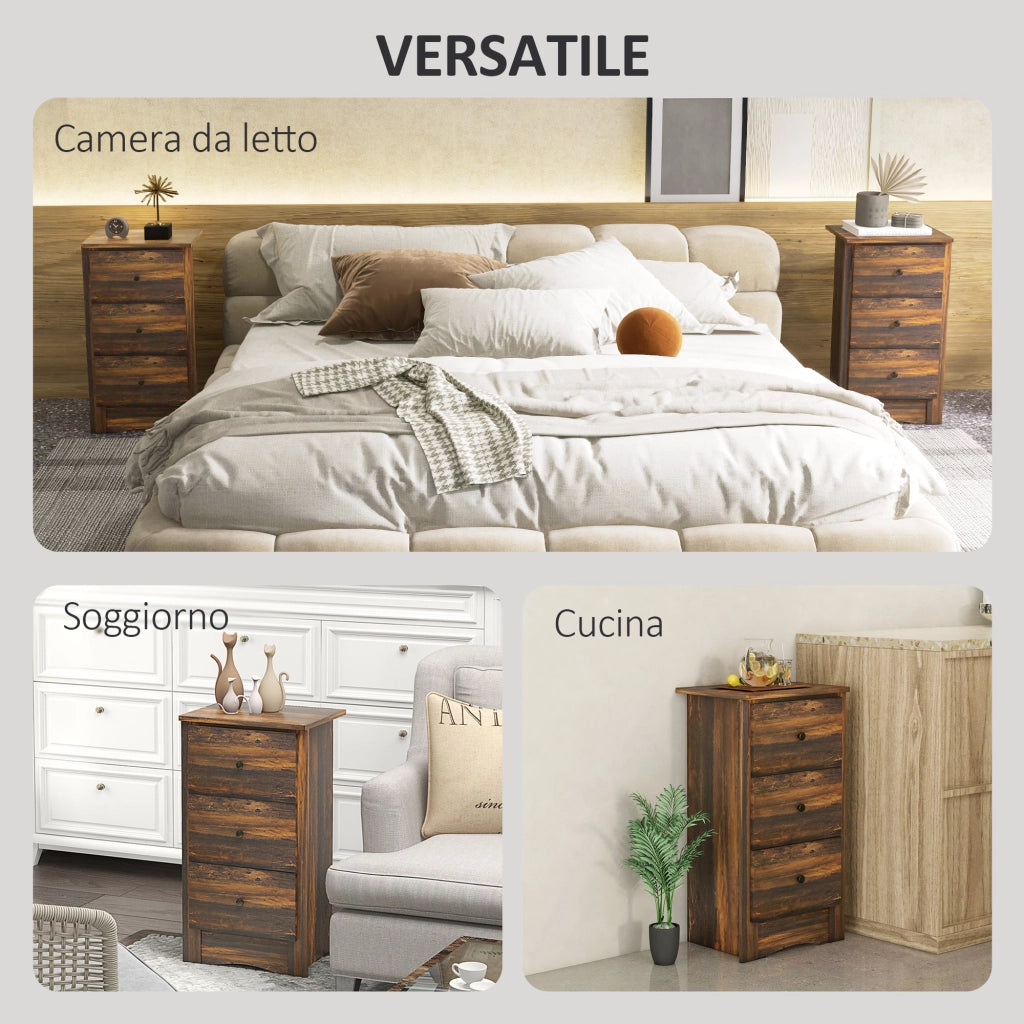 Comodino con 3 Cassetti in stile Rustico, Comodino per Camera da Letto in Legno, 40x30x74 cm, Marrone