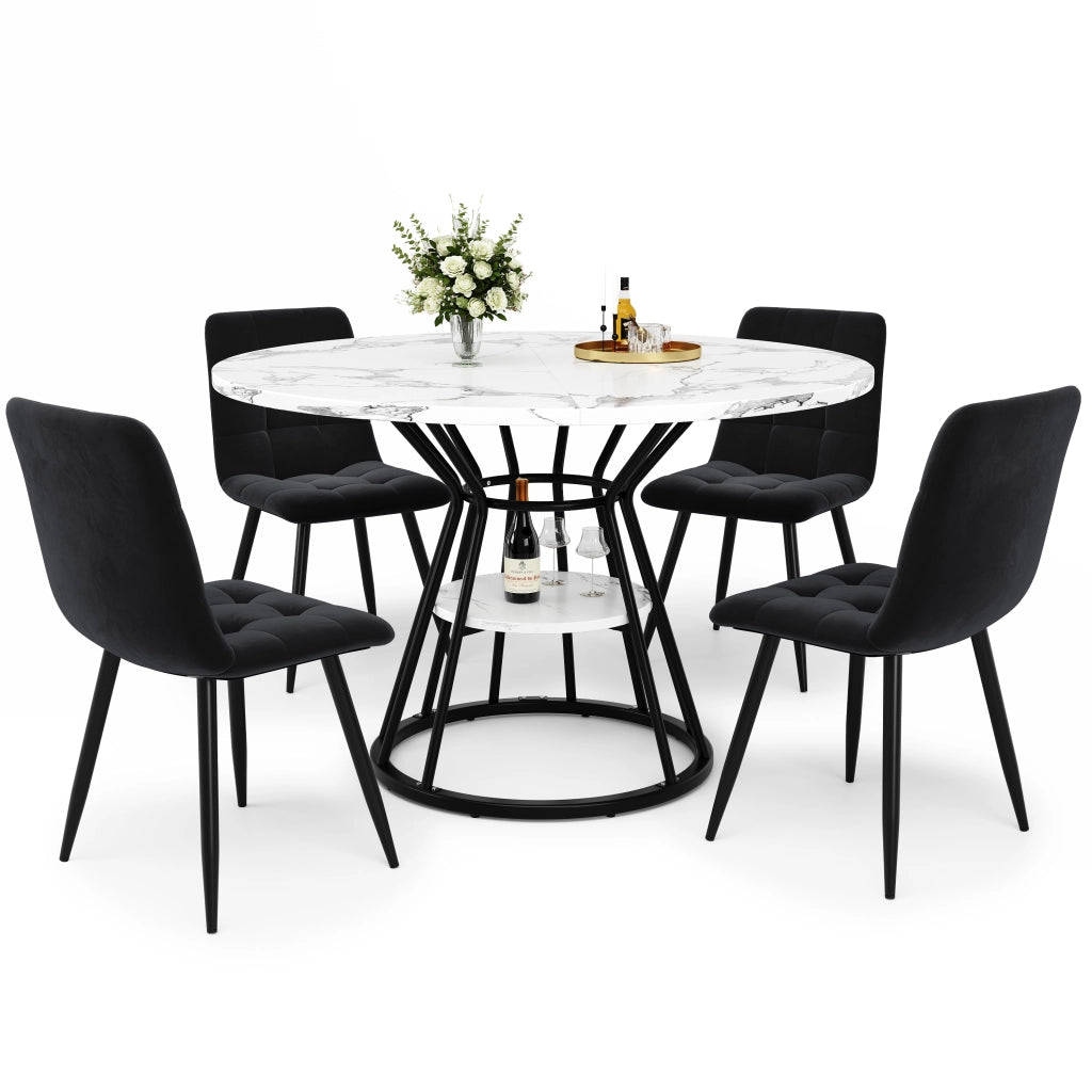 Set Tavolo Rotondo da Pranzo con 4 Sedie in Velluto ¨C Xylo ¨C Piano Marmo, 100x100x76 cm