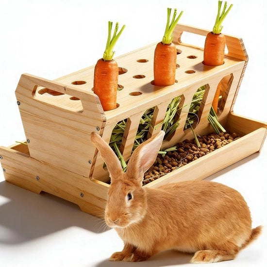 Hooiruf per conigli e piccoli animali in legno naturale, beccuccia con tenuta radice, alimentazione autonoma e robusta, cavia, hamster, ratto, accessori