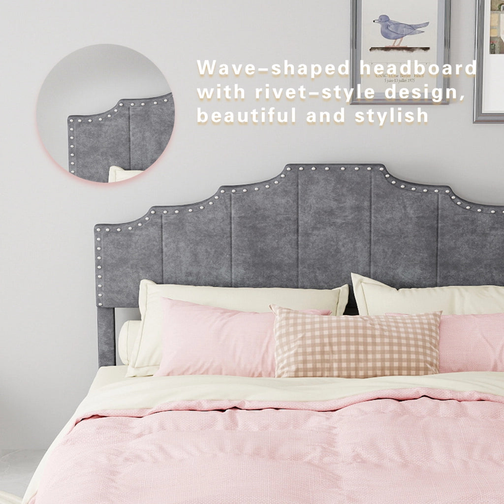 DESMIU Letto matrimoniale 160 × 200 cm con testiera geometrica, in tessuto, senza materasso, grigio