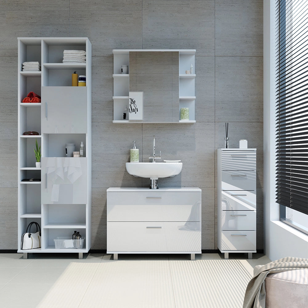 Vicco Set di mobili da bagno Bianco lucido 4 pezzi, con colonna