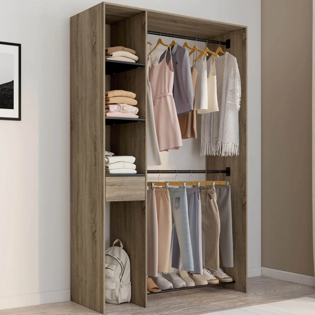 IDMarket - Armadio doppio MIRTY L. 110 cm con ripiani + cassetto + scarpiera, faggio e nero