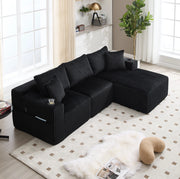 Divano modulare 257x160x62 cm con 5 cuscini; tasche laterali e portabicchieri in velluto a coste nero