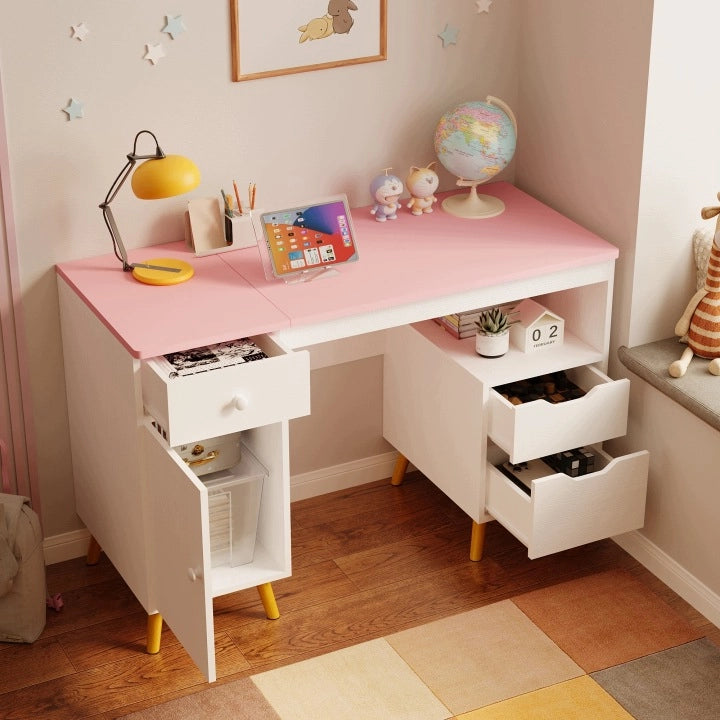 Scrivania bianca per ragazze con cassettiera e piano rosa in stile loft, pratica