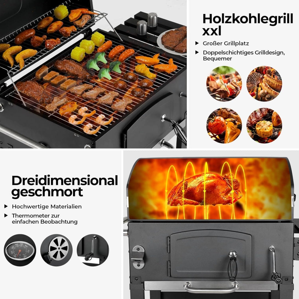 Barbecue Carbonella XL, Barbecue a Carbonella con Coperchio, Griglia per Barbecue con 2PCS Ruote, Termometro, Grande BBQ Smoker con Carrello per Campeggio, Giardino