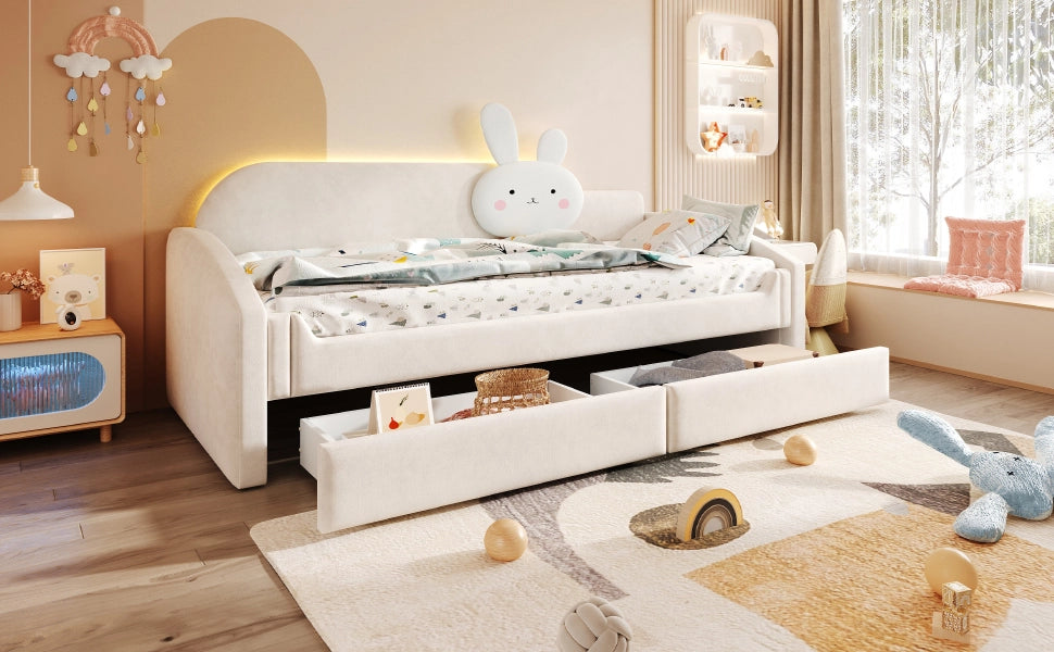 DESMIU Letto bambino 90 × 200 cm con LED, 2 cassetti, senza materasso, in velluto, beige