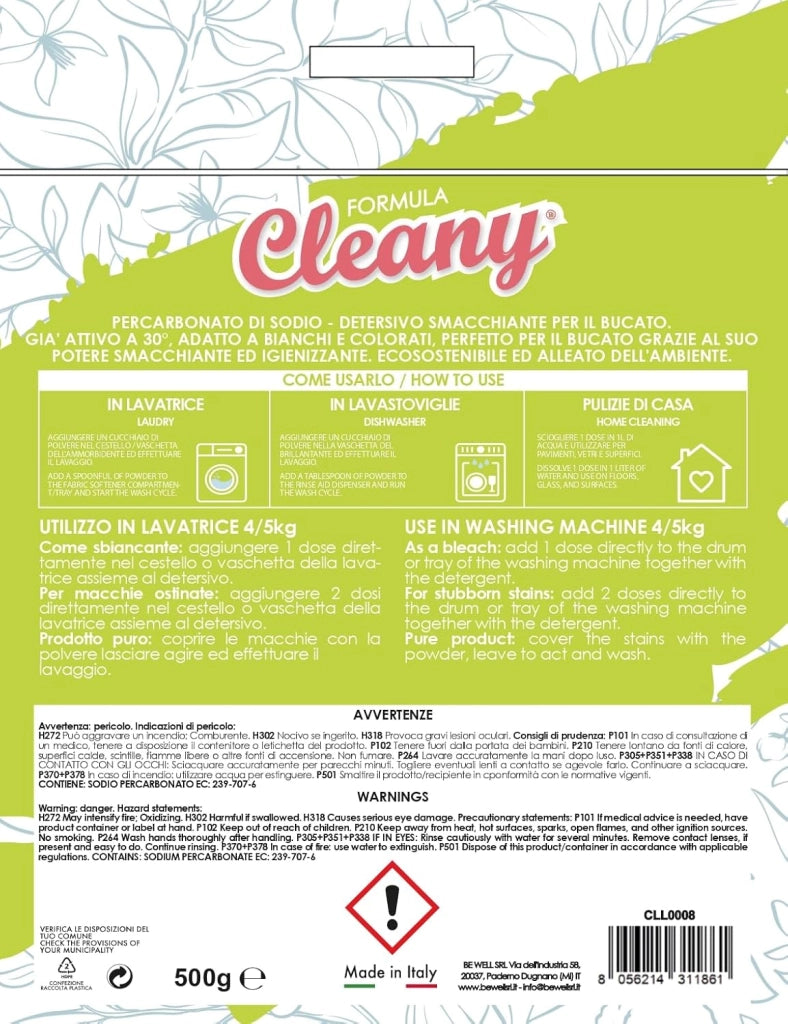 CLEANY Acido Citrico in Polvere Naturale ed Ecologico Multiuso, Ammorbidente per Bucato, Anticalcare, Brillantante, Disincrostante, Decalcificante Lavatrice e Lavastoviglie, Made in Italy, 500g