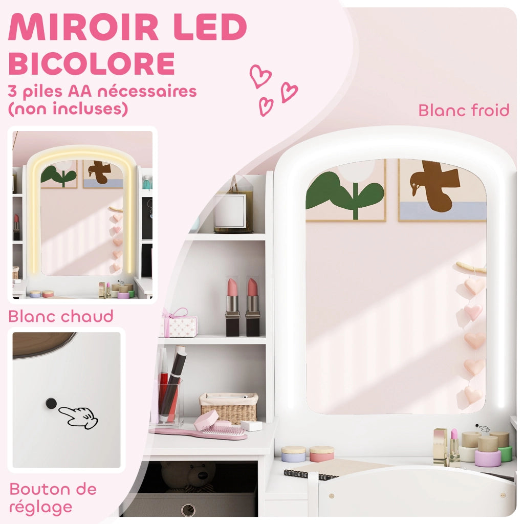 Tavolo da trucco bambini con sgabello e specchio LED ¨C zephmum ¨C 104x40x112 bianco