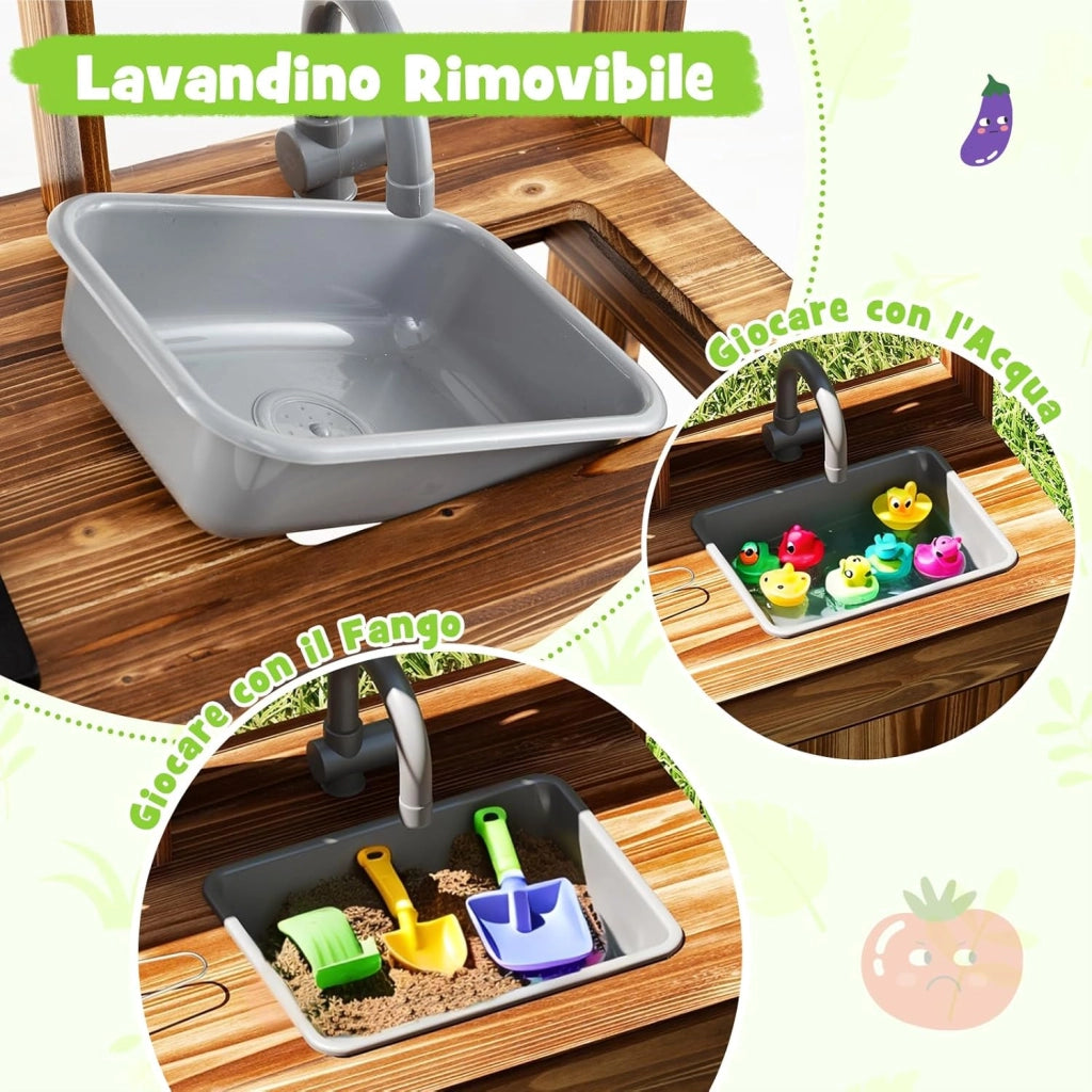Cucina Giocattolo da Giardino con Lavagna, Cucina in Legno di Abete per Bambini con 4 Vasi da Giardinaggio, Fornelli 4 Accessori per Cucinare, 68 x 35 x 97 cm