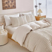 200 x 200 cm set di coperte a seersucker con motivi a strisce beige, 3 pezzi, microfibra, morbidi, ventilati, con cerniera a zip e 2 copri cuscino da 80 x 80 cm.