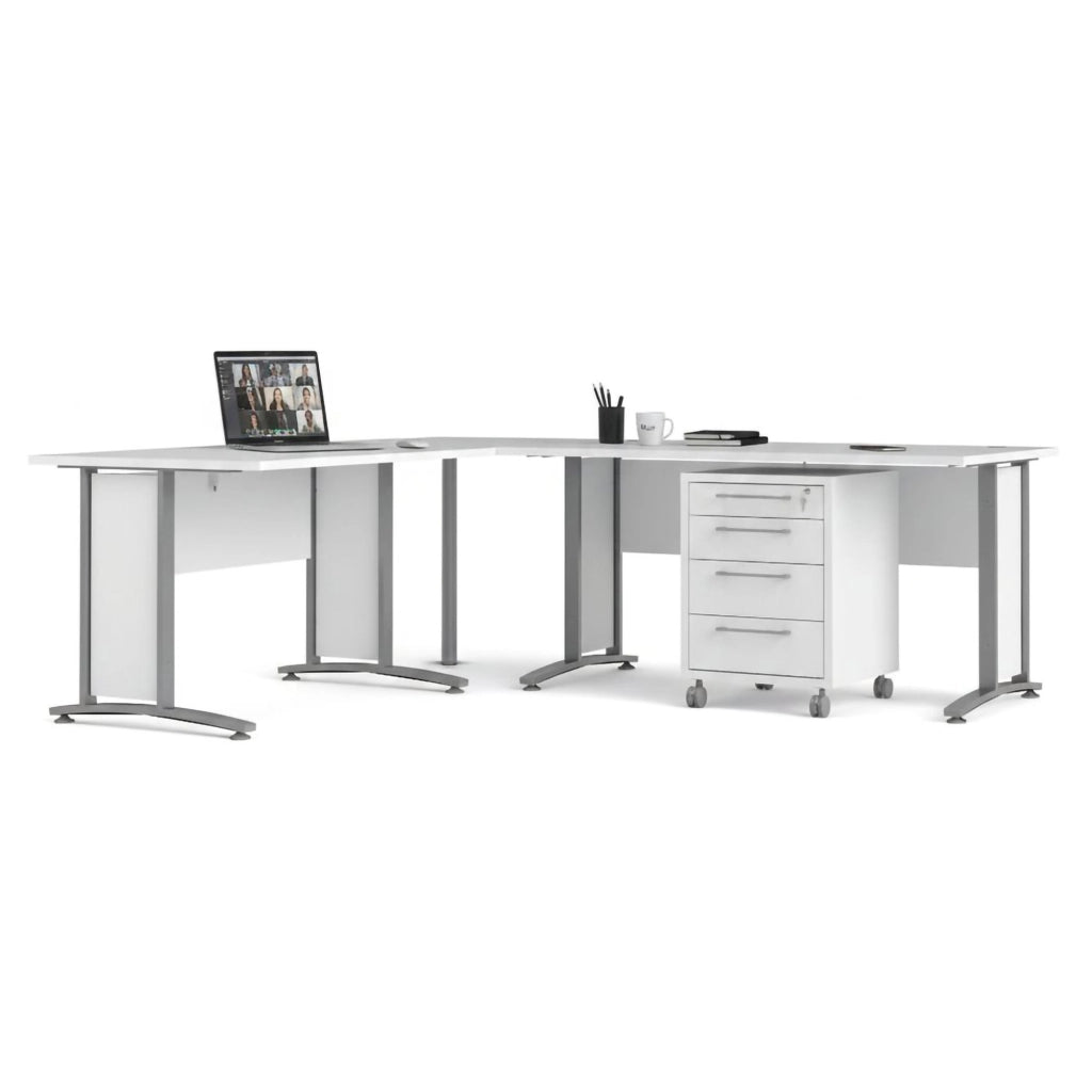 Scrivania Agerato, Scrittoio multiuso, Tavolo per ufficio porta PC, Piano di lavoro, 230x200 h75 cm, Bianco e Grigio