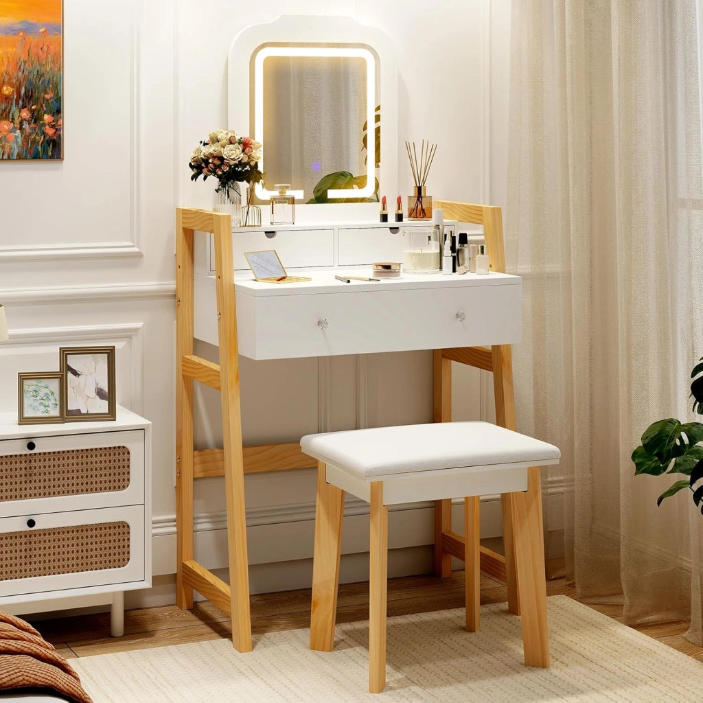 Set di Tavolo da Toeletta, Tavolo da Trucco con Sgabello e Specchio Regolabile in Altezza, 3 Cassetti, Bianco Moderno Minimalista