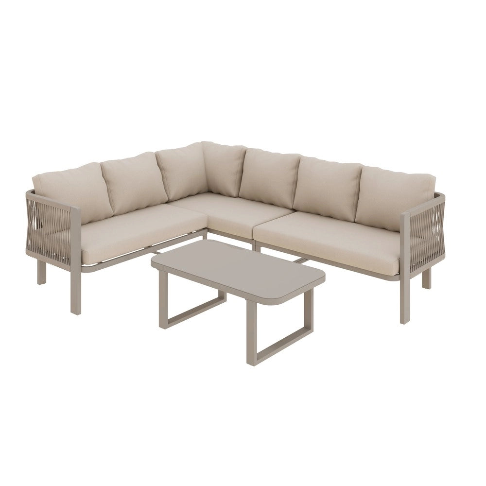 Set Mobili da Giardino 6 Posti Angolare ¨C Xylo ¨C Acciaio Zincato, Vetro, Teslin, Kaki
