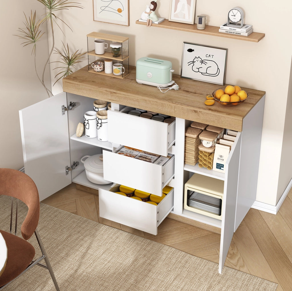 Cassettiera con 3 cassetti e 2 ante; bianco e rovere