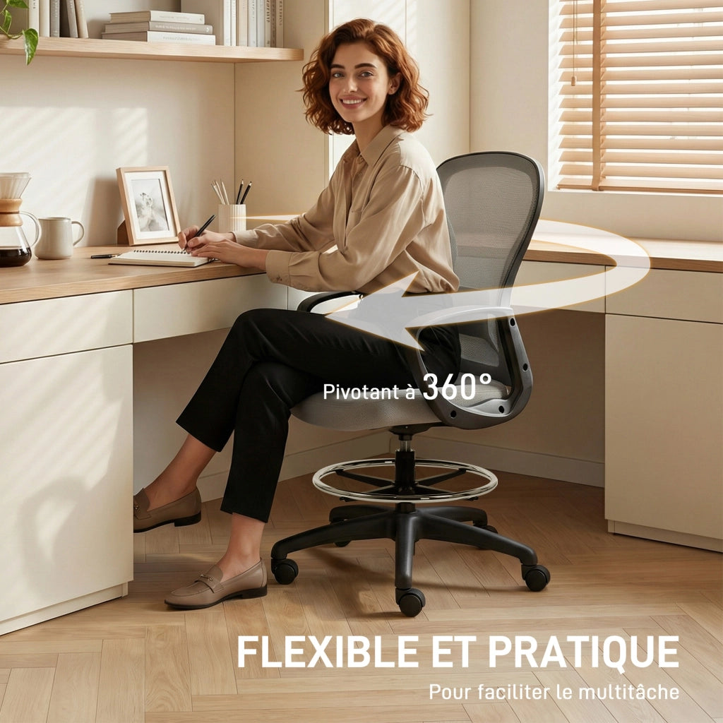 Poltrona ergonomica da ufficio con poggiapiedi e braccioli ¨C zephmum ¨C Grigio, rete, 59x65x123 cm