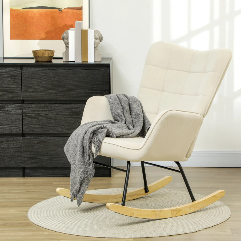 Poltrona dondolo imbottita ¨C Xylo ¨C legno di faggio, schienale ampio, beige