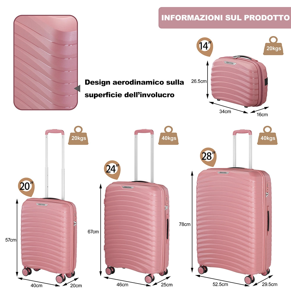 Set 4 Valigie Trolley da Viaggio con Beauty Rigide in Polipropilene Rosa