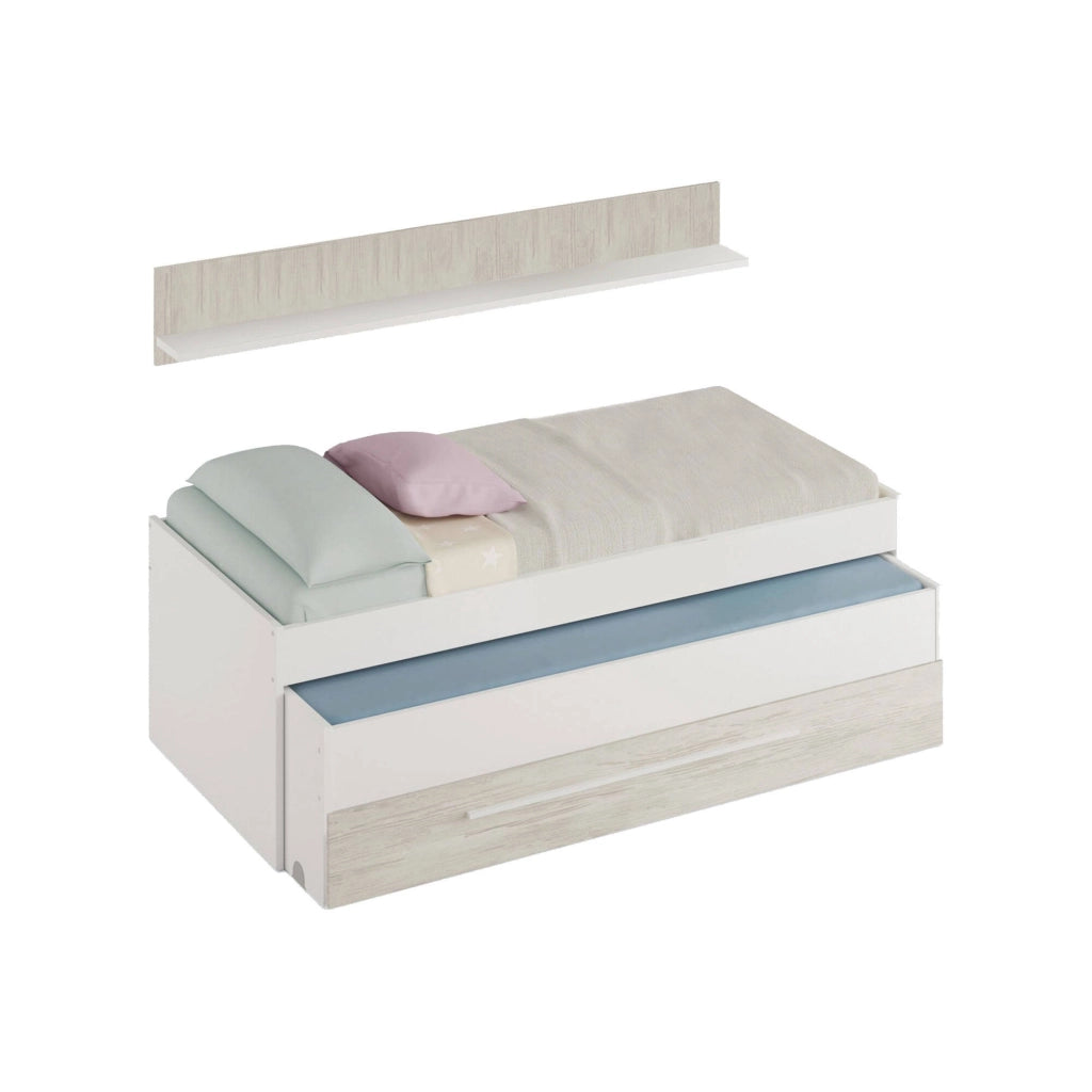 Letto singolo Art, Struttura letto per cameretta, Letto singolo con lettino estraibile e cassettone e mensola abbinata, cm 199x96h65, Bianco