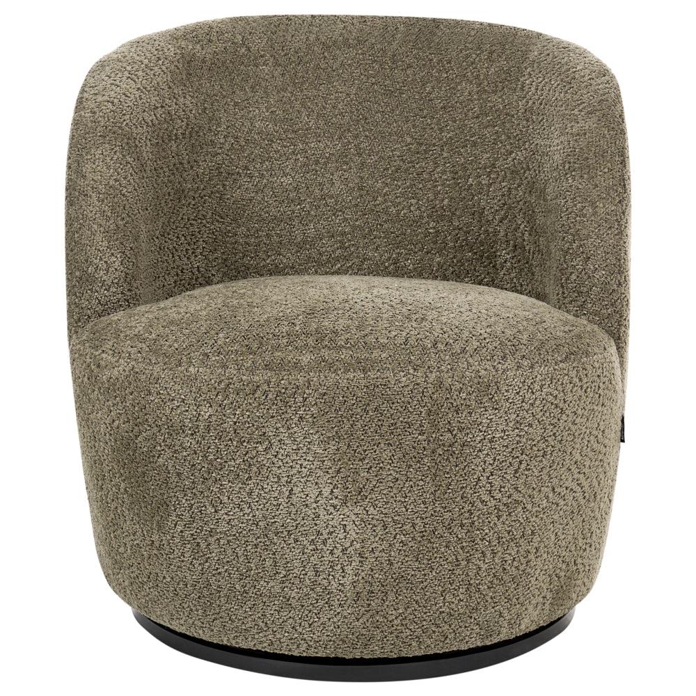 Poltrona girevole con rivestimento in ciniglia color verde scuro braccioli e seduta ampia per soggiorno stile moderno