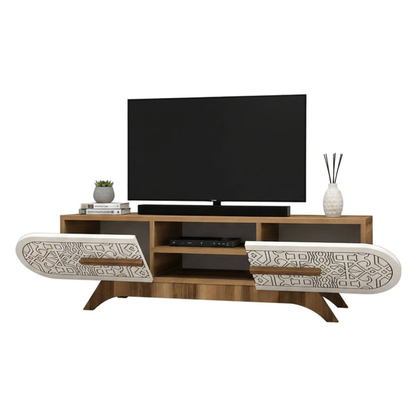 Mobile porta TV Matsu, Credenza da soggiorno, Armadio basso per TV, Base parete attrezzata, 145x37h37 cm, Noce e Bianco