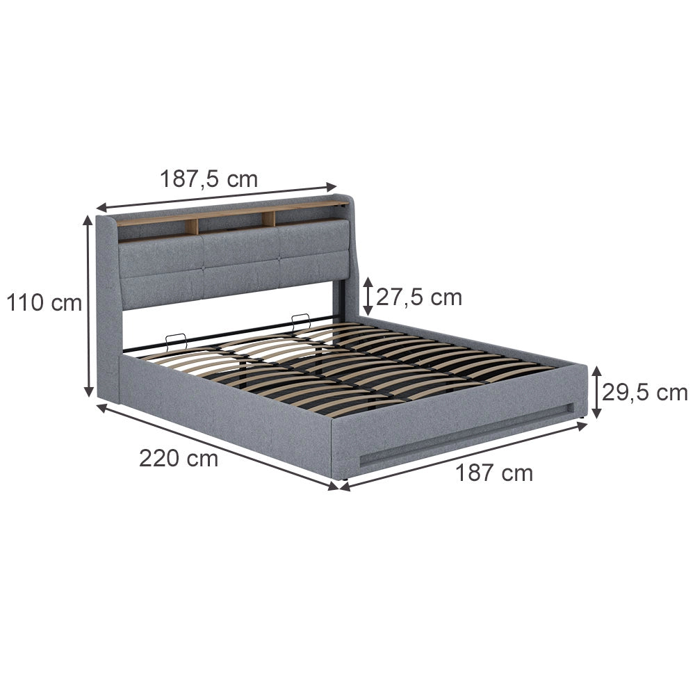 Vitalispa Letto imbottito Grigio/quercia 180x200 con LED, porta USB e materasso