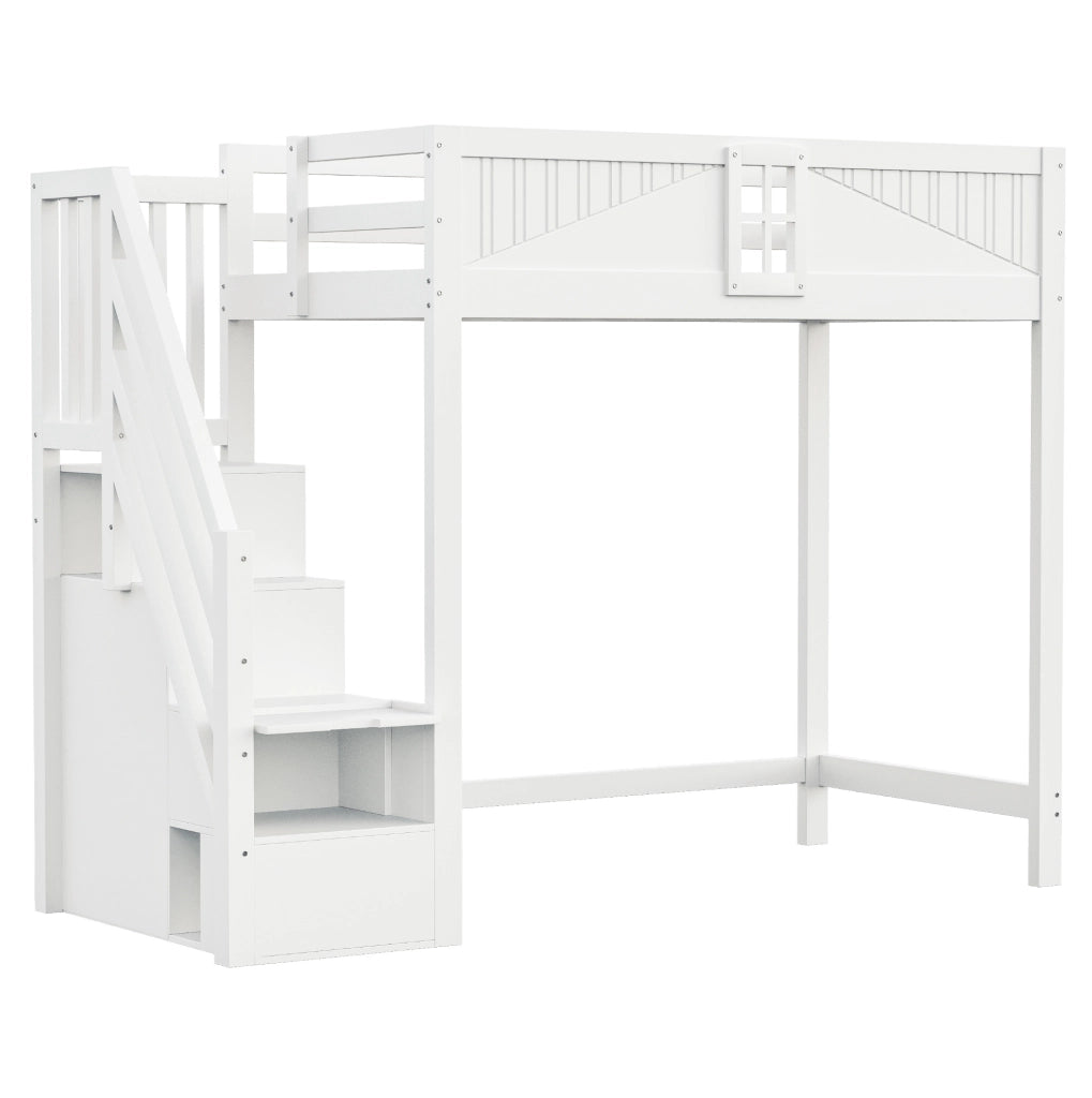 Letto a soppalco 90x200 cm con scala reversibile e vani portaoggetti in legno bianco