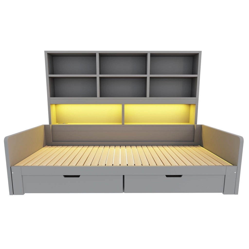 Letto 90x200 cm estraibile con contenitore; LED e prese in MDF grigio