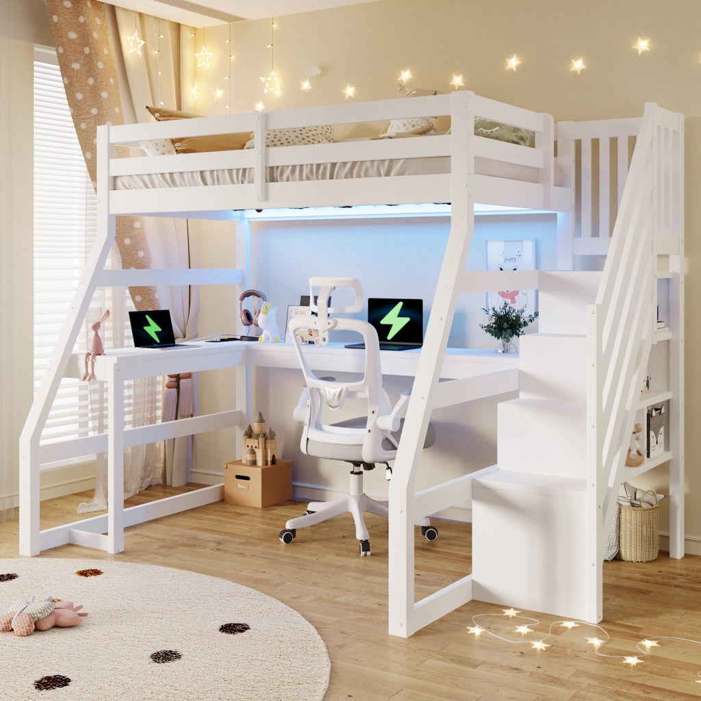 Letto a soppalco in legno 90 × 200 cm con scrivania, illuminazione LED, scala con contenitore, USB, senza materasso, bianco
