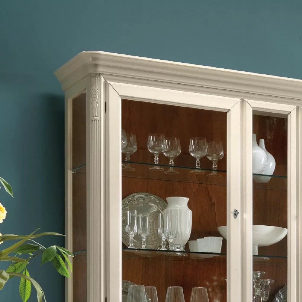 Cristalliera shabby in legno massello 4 ante 3 cassetti beige opaco l.180 p.50 h.220 - Mobili 2G
