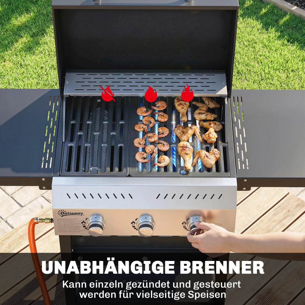 Barbecue a Gas 3 Fuochi 9 KW ¨C Xylo ¨C Acciaio Inox con Ripiano Laterale Pieghevole e Ganci