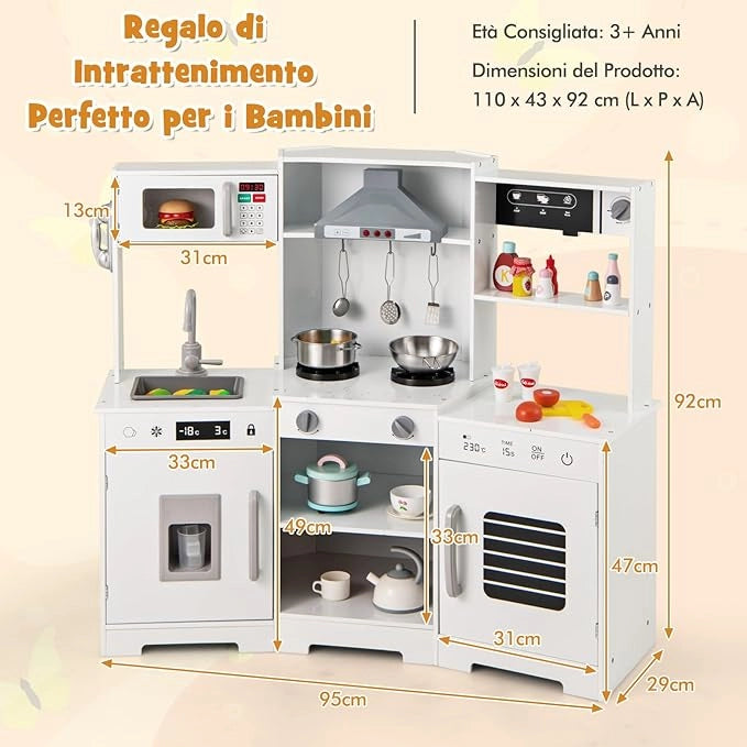 Cucina Giocattolo per Bambini, Cucina Legno per Bambini Con Forno, Microonde, Macchina del Ghiaccio, Macchina per Caffè, Lavello e Rubinetto, Con Suoni e Luci, per Bambini 3+ Anni (Bianco)