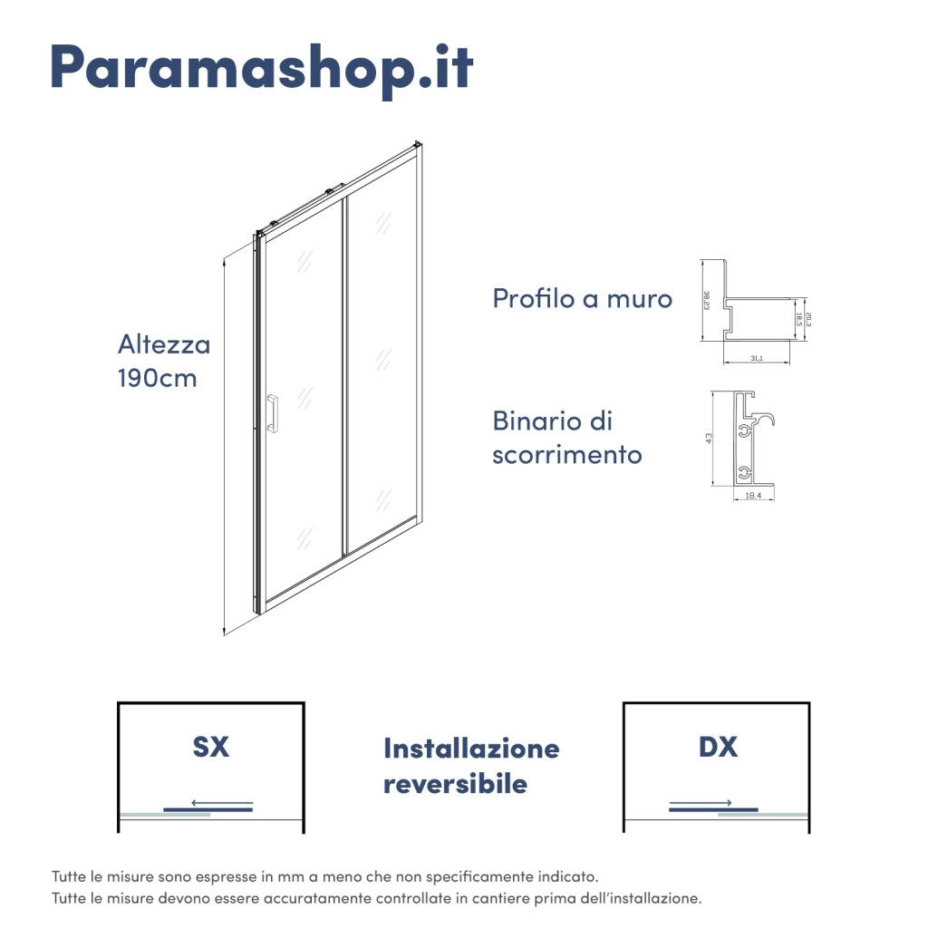 Porta doccia 120 cm scorrevole profili nero opaco vetro 6mm trasparente h190 | Sicily