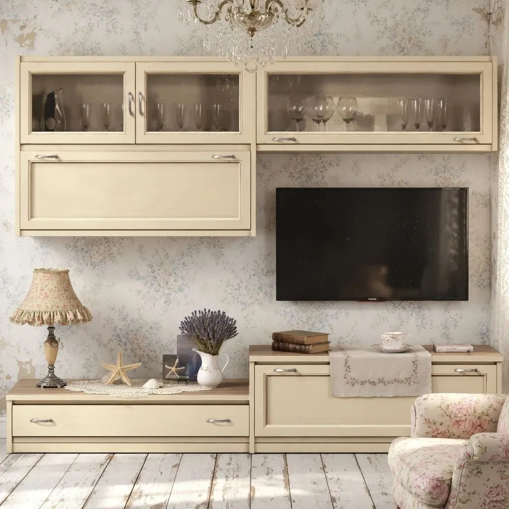 Parete attrezzata in legno shabby chic avorio 209x36/60x200 - Mobili 2G
