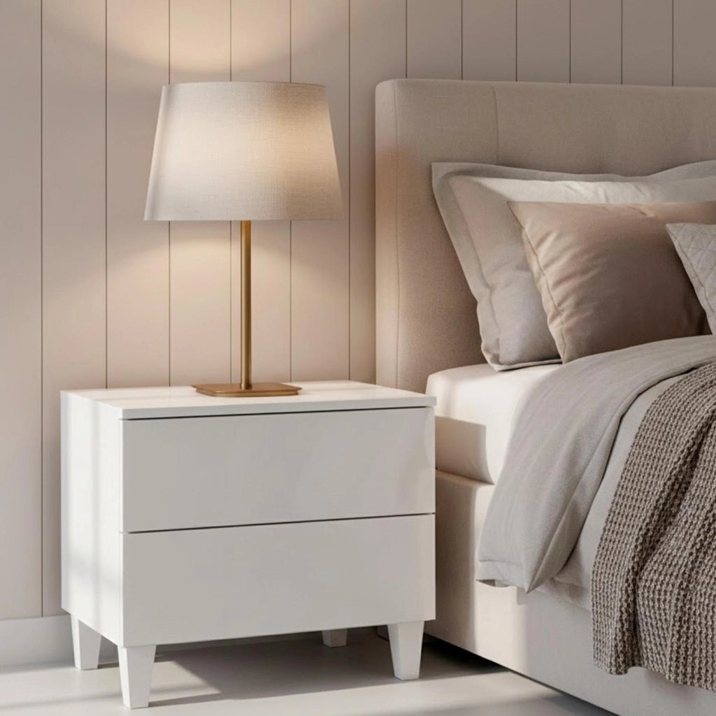 Comodino Moderno Con 2 Cassetti Mobile Da Camera Da Letto Con Piedini Struttura Compatta In Melaminico Antigraffio Montaggio Facile 50 X 34 X 39 Cm Bianco Lucido