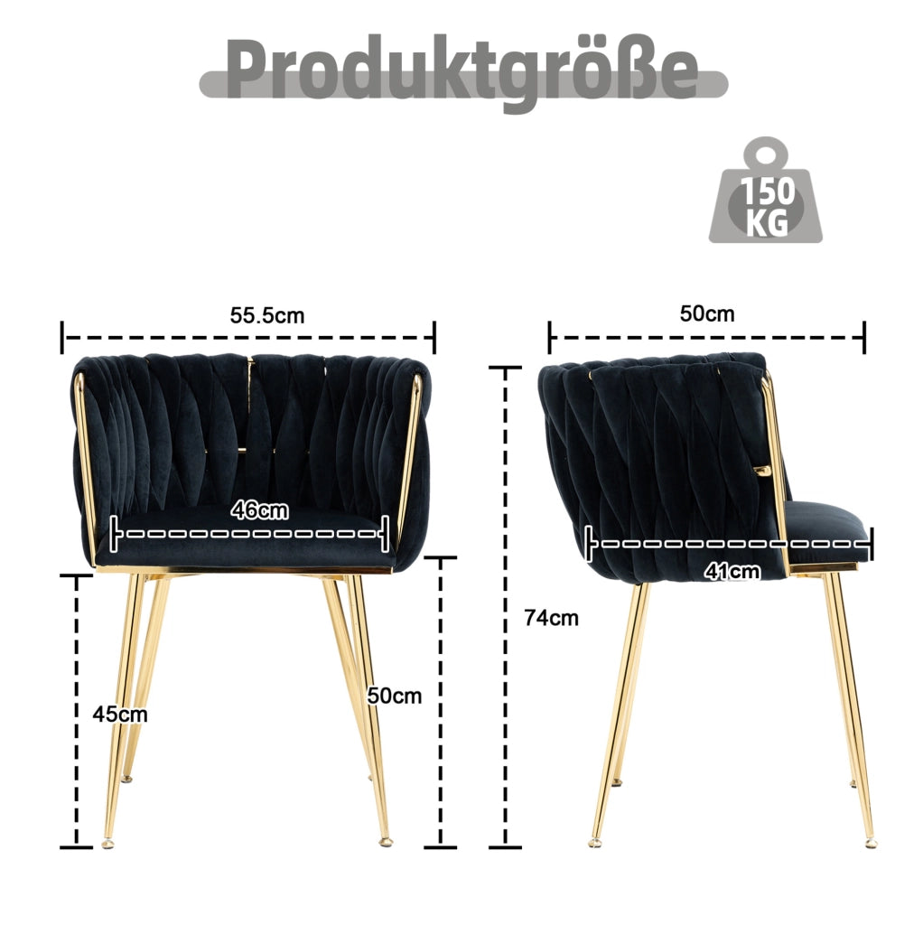 Sedia da pranzo in velluto nero con schienale intrecciato e gambe in metallo; 55;5 x 41 x 74 cm
