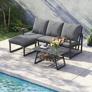 Set Divano da Giardino con Tavolino e Pouf ¨C MINIMAL ¨C Polyrattan, Vetro, Grigio