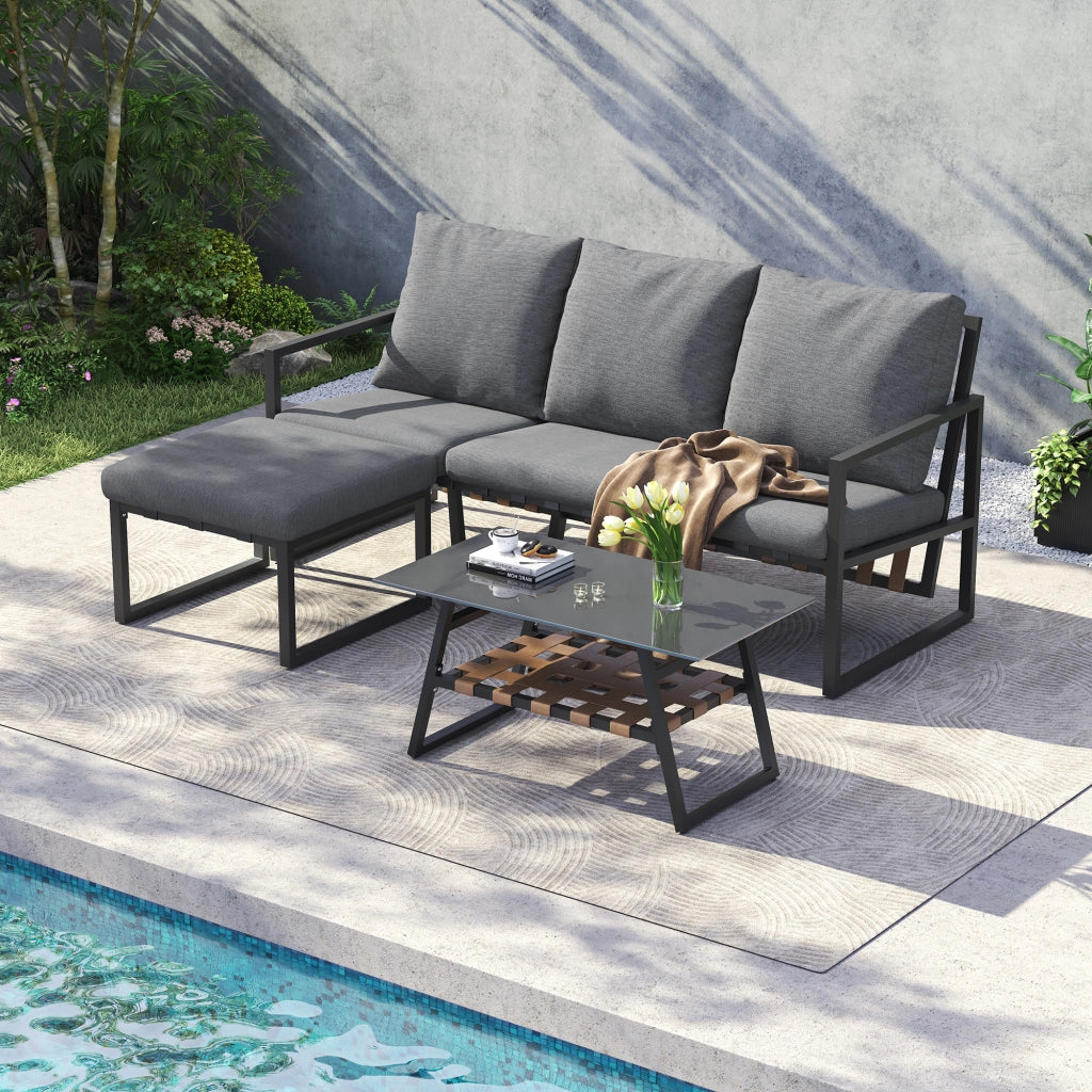 Set Divano da Giardino con Tavolino e Pouf ¨C MINIMAL ¨C Polyrattan, Vetro, Grigio