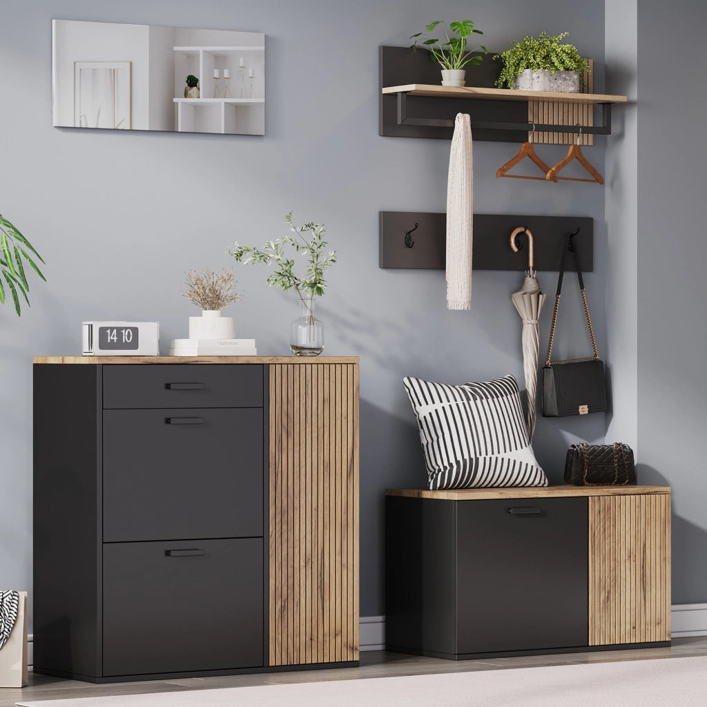 Mobili da ingresso set a 2 armadi con specchio 4 ganci e scarpiera ribaltabile in truciolare nero e naturale