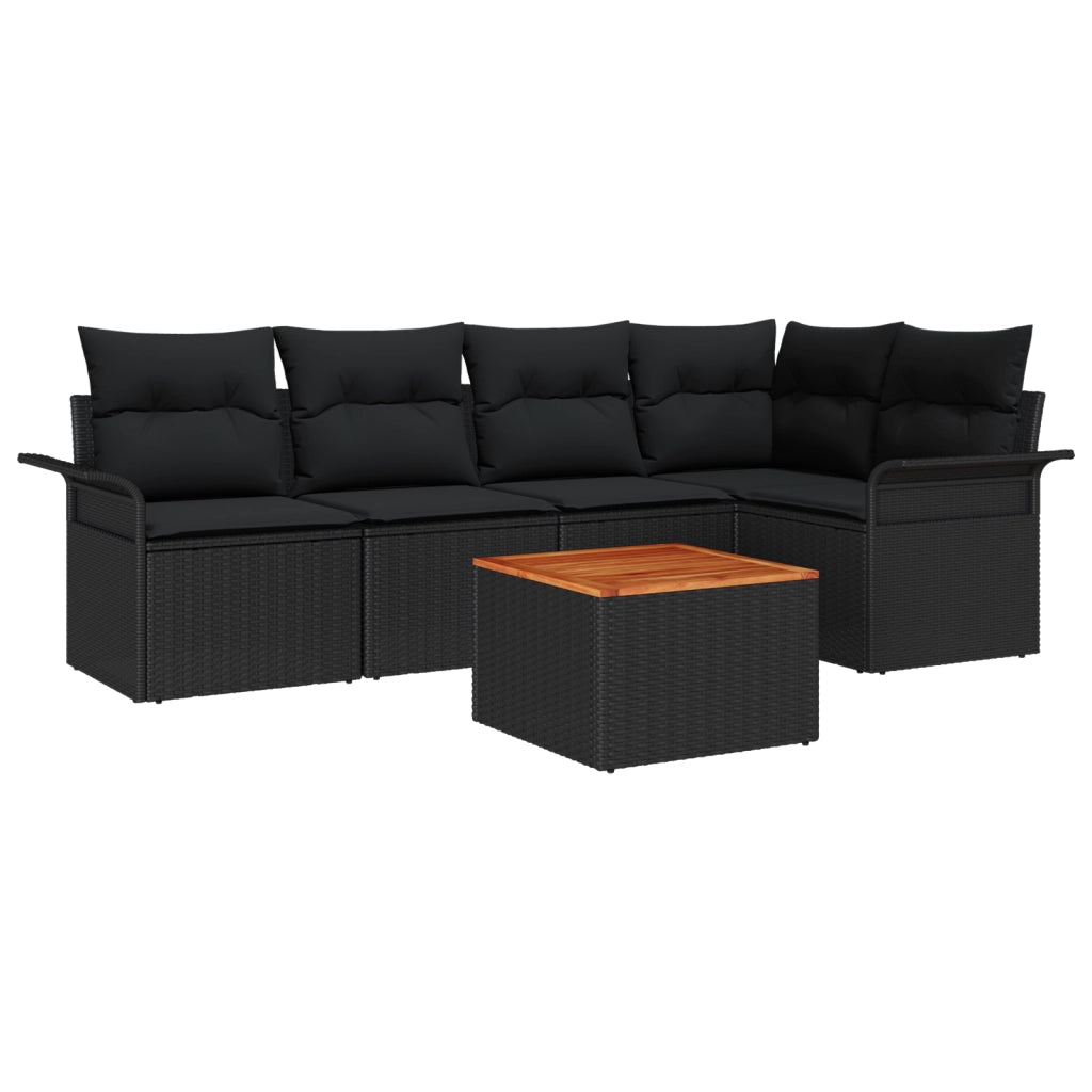 Set di Divani da Giardino 6 Pezzi con Cuscini Nero Polyrattan Acacia