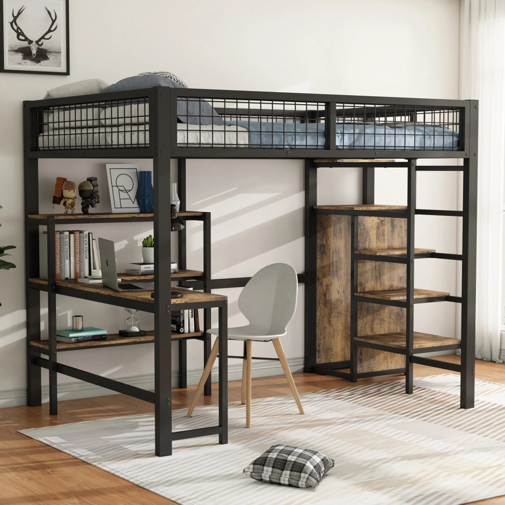Letto a soppalco 140 x 200 cm con scrivania, armadio e scaffali