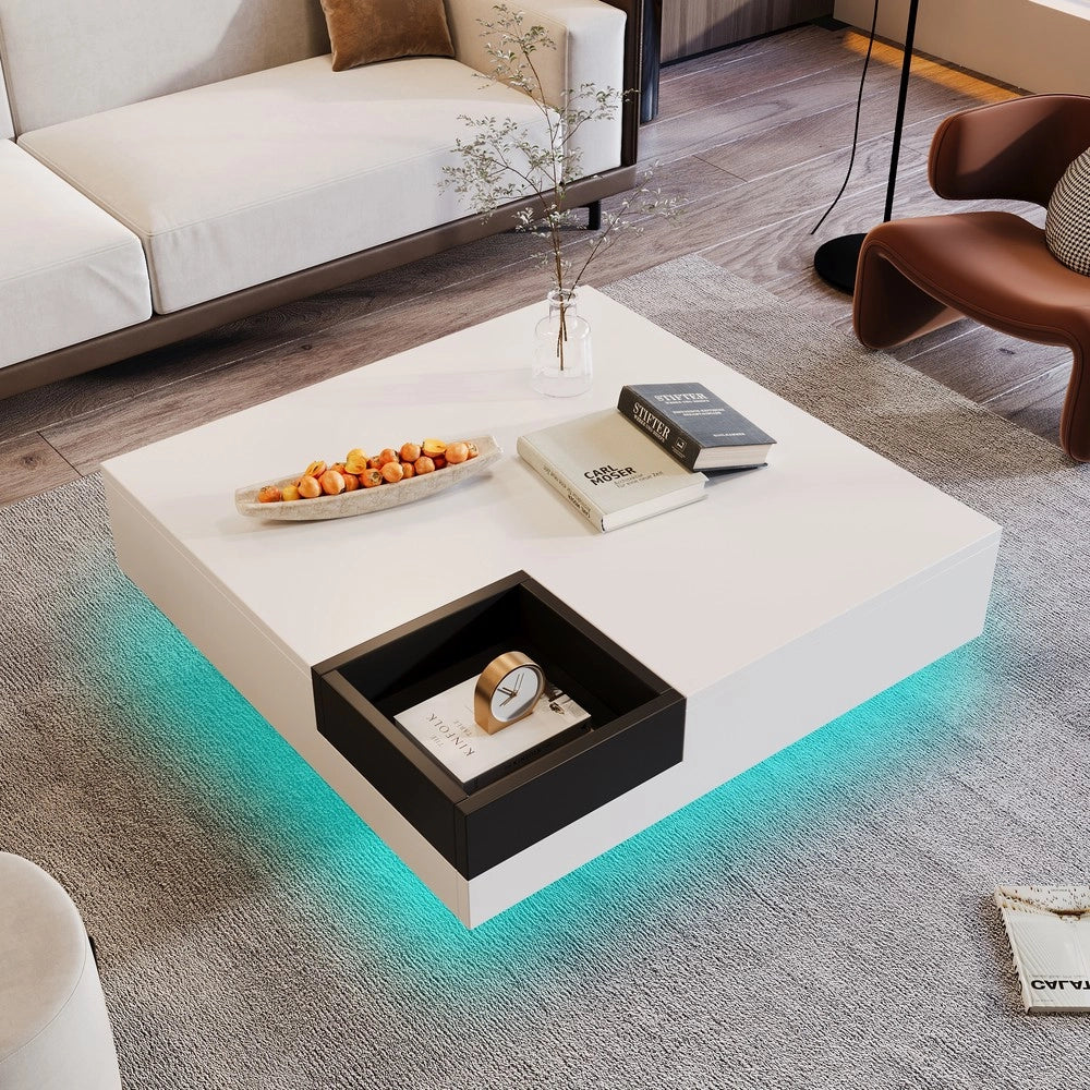 Tavolino da Salotto con LED e Box Contenitore ¨C MINIMAL ¨C Bianco e Nero Lucido, 72x72x30 cm