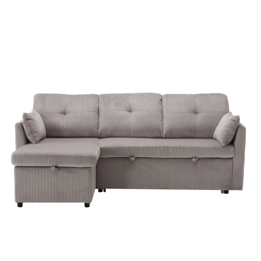 Divano letto angolare con contenitore e letto estraibile; chaise intercambiabile; grigio chiaro in velluto a coste