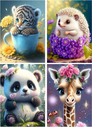Set di 4 pezzi di dipinto con uccelli leopardo-panda-giraffa con diamanti per decorazione di parete DIY 5D dipinto con diamanti su numero