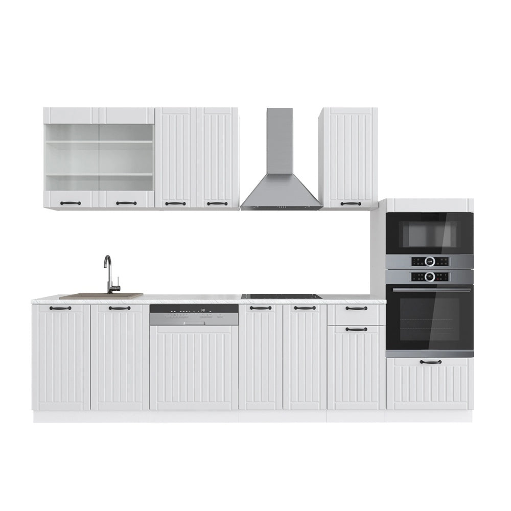 Cucina componibile Fame-Line Bianco rustico/Bianco 300 cm con armadio alto, PL Marmo Vicco