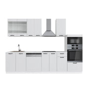 Cucina componibile Fame-Line Bianco rustico/Bianco 300 cm con armadio alto, PL Marmo Vicco