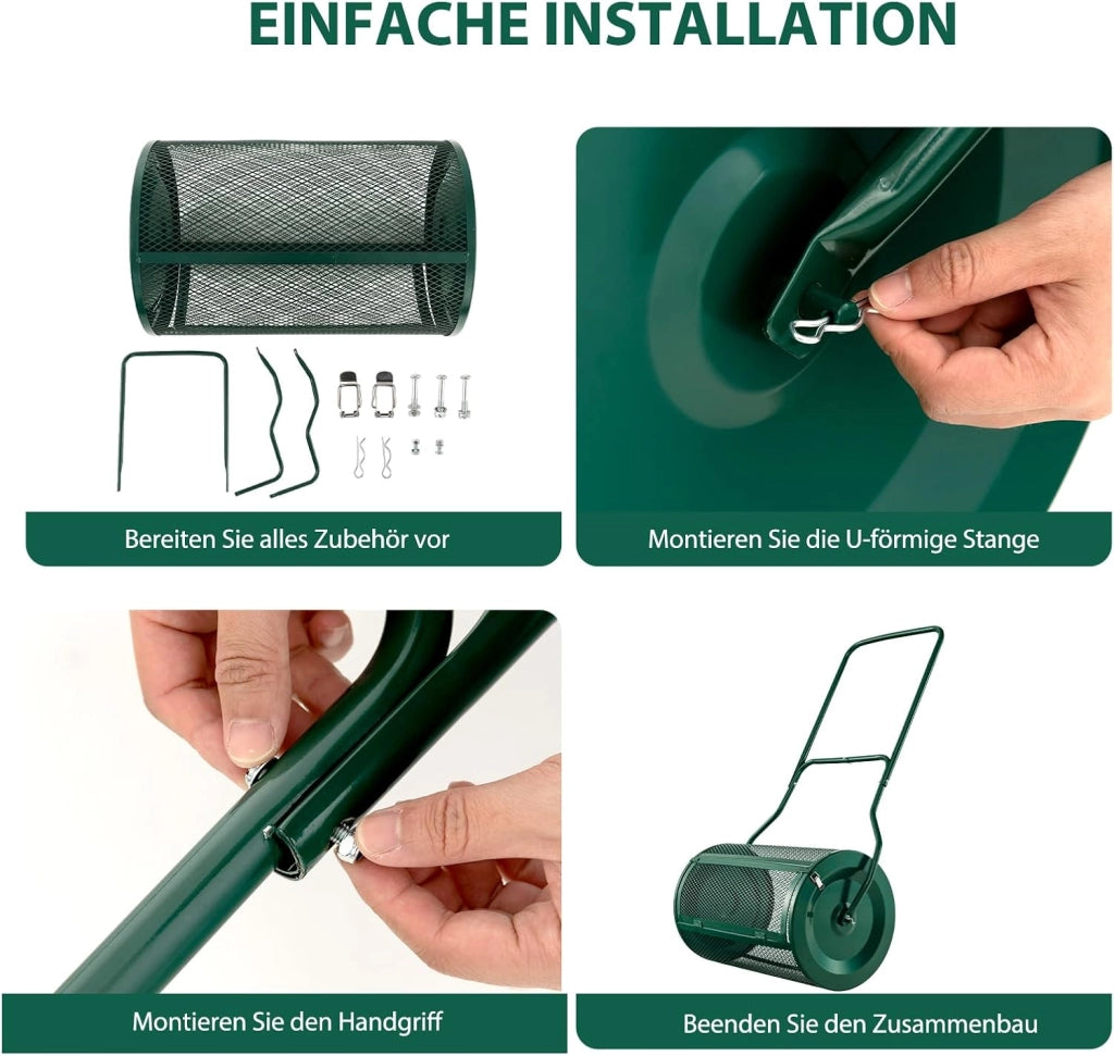 Rullo Spargiconcime Prato da 80L, Spargiconcime a Rullo Ø41 x 68 cm con Manico e Cestello in Rete Metallica, Spargiterriccio da Giardino per Concimazione e Semina (Verde)