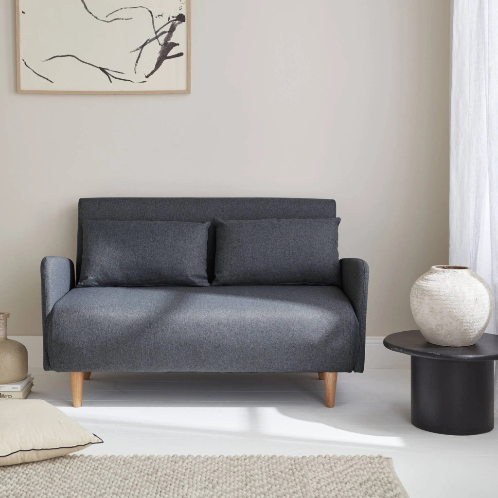 Divano letto clic-clac in tessuto con gambe in legno, 2 posti, grigio