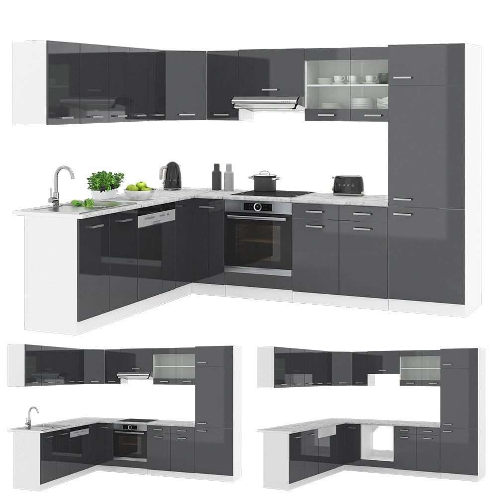 Cucina angolare completa R-Line Antracite lucido/Bianco 287 x 227 cm, PL Marmo Vicco